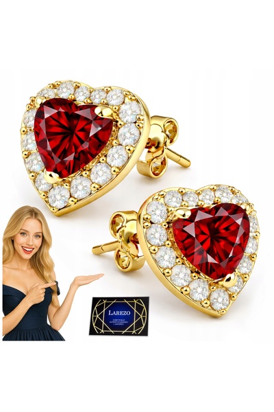 Larezo 925 Sterling Silver Gold Plated Earrings, With Ruby Red Crystal Hearts...
