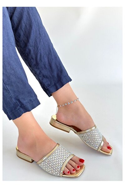 BellAyakkabı Women's Square Toe Stoned Strap Low Heel Mule Slippers