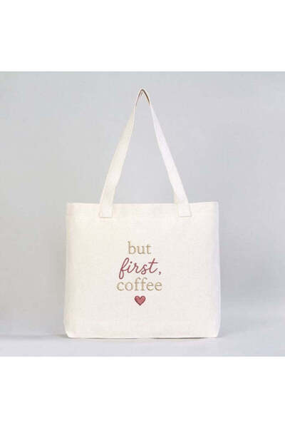 But First Coffee Nakışlı Önce Kahve Kahve Severler Ham Kanvas Modern Omuz Çantası 45x35x8 cm