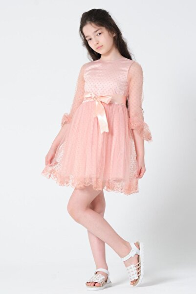 SUBU TASARIM Satin Skirt with Tulle Belt Girls' Graduation Evening Dress Kvc3006