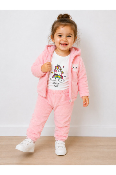 Chicsy Baby Kız Bebek Welsoft 3'lü Takım Kapüşonlu Peluş Hırka Unicorn Baskıl...