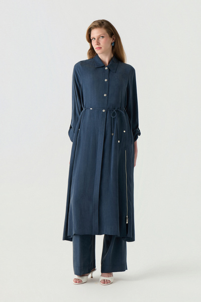 Zühre Minimal Button Detail, Flowing Form, Indigo Giy Çık 0398