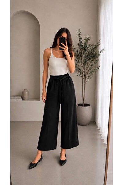 Heyya Women's Tie-Waist Belted Fabric Trousers Black