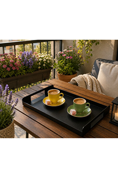 YDGR Şık Mat Siyah Metal Tepsi Çay Kahve Sunum ve Dekorasyon Tepsisi 35x20 cm