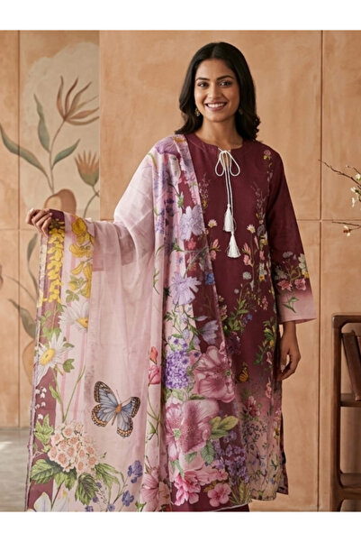 MYSMAR Plum Digital Printed Lawn 3-Piece Unstitched Suit - AFK8877 | Plum