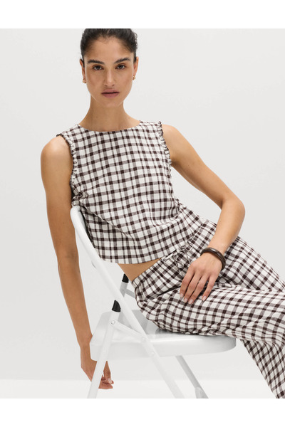 Marks & Spencer Keten Karışımlı Pötikare Desenli Bluz