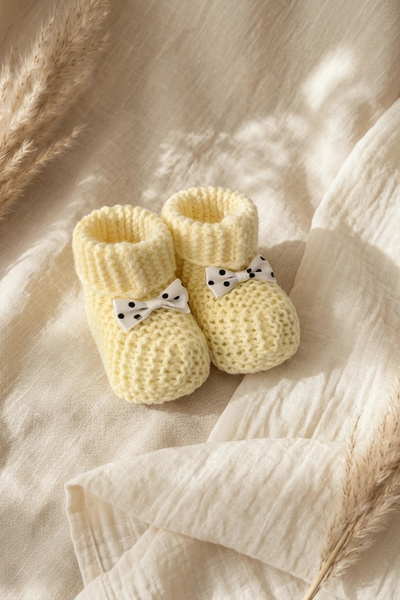 Babydonat Mimoza El Örgüsü Görünümlü Fiyonk Detaylı Pastel Sarı Bebek Patiği ...