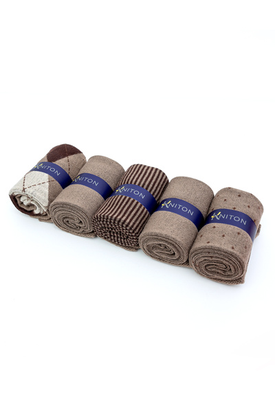 KNITON Dikişsiz Bambu Çorap Jakarlı Kahve Renk Desenli Erkek Çorap Kutulu 5 Çift Premium Uzun Soket Mix Çorap Bambu