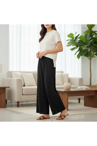 esmara Women's Black Wide Leg Crinkle Knit Pants