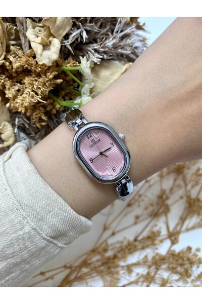 Mazzy Oval Design Hook Lock Silver Pink Dial Women Wrist Watch