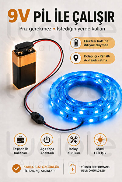luciole 1 Metre Mavi 9V Pilli Anahtarlı Şerit LED Set Pil Dahil Prizsiz Yapış...