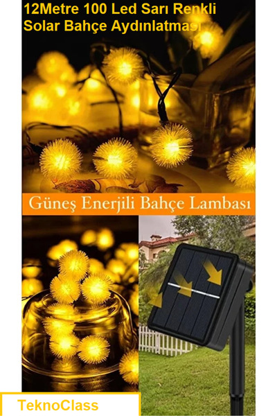 Canderel Güneş Şekilli Güneş Enerjili 12 M 100 Led Sarı Renkli Solar Bahçe Ay...
