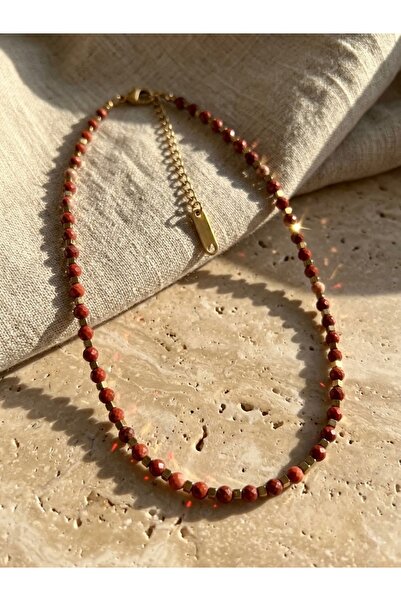 Meneva Aksesuar Red Jasper Natural Stone Gold Color Steel Combination Necklace