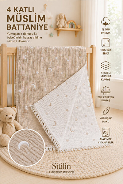 Sitilin 4 Kat Müslin Bebek Battaniyesi Ay Yıldız Desenli Unisex Yenidoğan Hed...