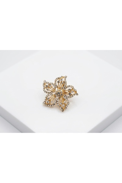 Vira Rise Gold Renk Zirkon Kristal Taşlı Ajurlu Çiçek Broş Yaka İğnesi