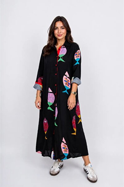 hazelin Women's Black Plus Size Fish Pattern Single Size Viscose Fabric Shirt...