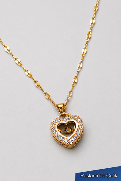 THE Steel Gold Heart Stone Steel Necklace with Zircon Stone Detail for Women