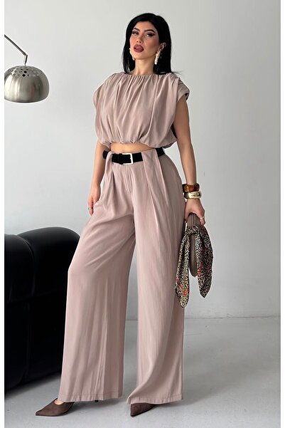 pembekurdelem Women's Summer Belted Trousers and Crop Blouse Set Mink