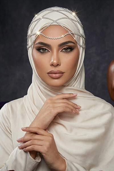 Veille Gümüş Kristal Taşlı Zincirli Alınlık Gelin Tacı Beyaz İncili Hijab Cro...