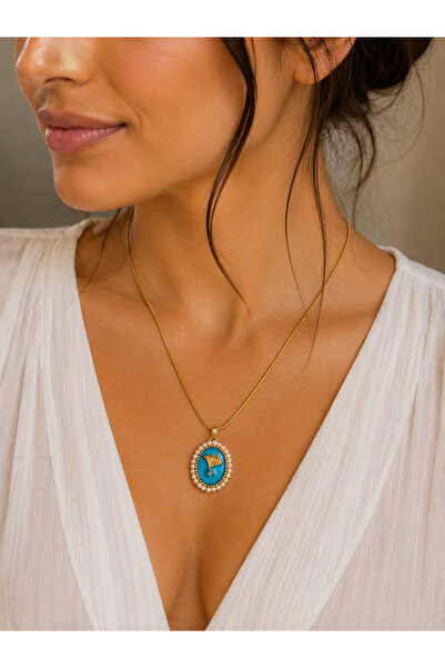 Belasso Steel Gold Color Blue Color Enamel Flower Model Pearl Women's Necklace