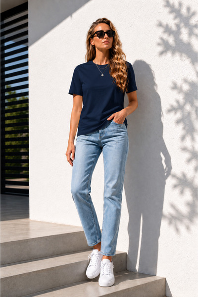 Combout Kadın Pamuklu Kalın Dokulu Basic Bisiklet Yaka Kısa Kollu T-Shirt
