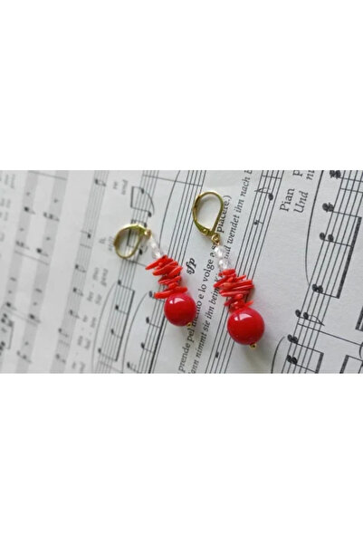 OEM Bold Earrings with Red Jasper, Coral and White Cubic Zirconia, 18K Gold P...