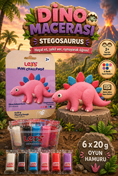 Lets Mini Challenge 5 Renk Dino Macerası Stegosaurus Oyun Hamuru 120g