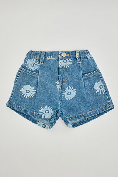 R&B Printed Denim Shorts with Button Closure