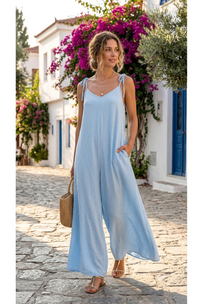 Godiva LIGHT BLUE JUMPSUIT – Tie straps & wide leg – One size