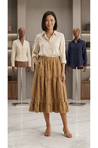 Sublime Butik Summer Mustard Yellow Casual Long Skirt with Elastic Waist, Lay...