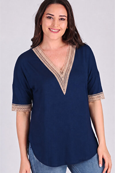 Curvy Trend Plus Size V-Neck Beige Lace Half Sleeve Side Slit Blouse