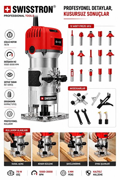 SwissTron Kompakt Ahşap Frezesi 710W Kanal Açma Kenar Şekillendirme Oyma Makinesi + 12 Parça Freze Ucu
