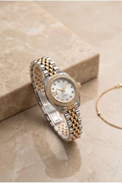 KLISHE Butik Princess Women's Steel Watch Gold & Silver Mix Color Stone Case ...