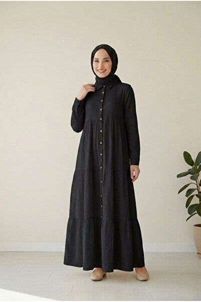 madam trend Black Women's 100% Cotton Muslin Fabric Dress Buttoned Shirt Coll...