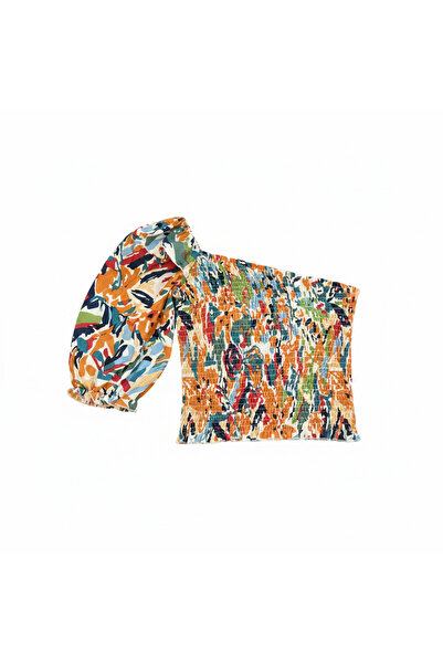 Generic Women's One-Shoulder Smocked Multi-Color Puff Sleeve Top