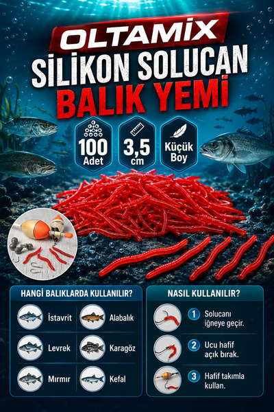 OLTAMİX Silikon Solucan Balık Yemi 100 Adet 3,5 cm Küçük Boy Kokulu Kırmızı Yem