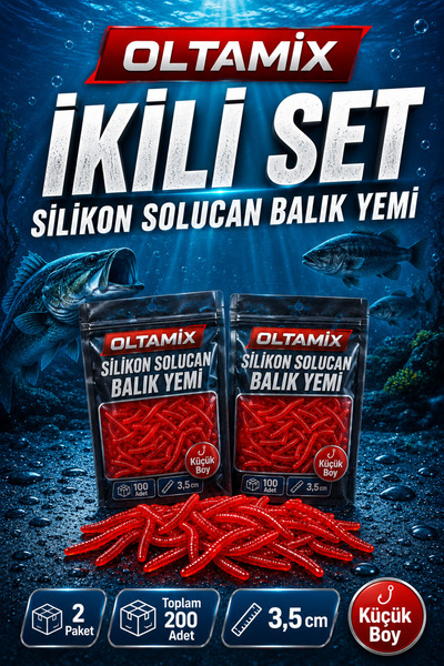 OLTAMİX 2 Paket Silikon Solucan Balık Yemi 200 Adet 3,5 cm Kırmızı Küçük Boy Yem