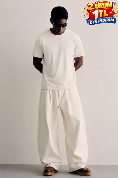 DAMGA JEANS Men's Regular Crew Neck Cotton Basic Cream T-Shirt
