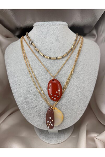 ZS Aksesuar Layered Gold Chain Necklace with Resin Stones and Stone Embellish...