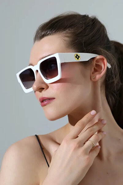 Violon Women's White Body Gradient Glass Gold Handle and Frame Detail Sunglasses