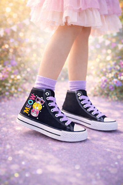 Ymn ayakkabı Meow Kedi Baskılı Lila Bağcıklı Bilekli Siyah Çocuk Sneaker