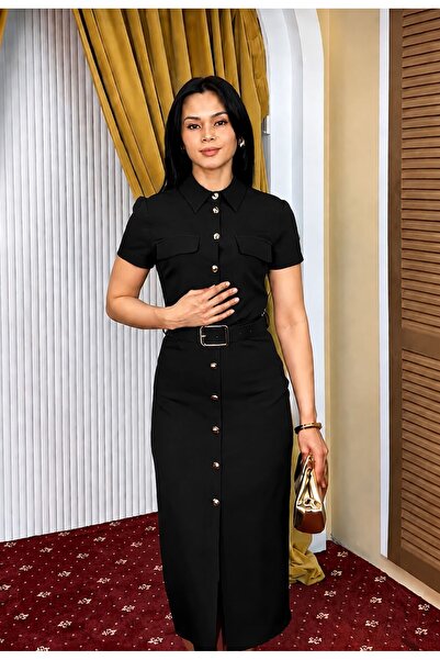 Moda Banuş Belted Front Slit Midi Dress