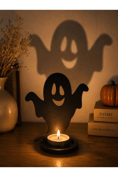 ArliaDesign Halloween Ahşap Mumluk Seti / Hayalet, Balkabağı ve Yarasa Dekoratif tealight Mumluk 13x 15 CM 3 MM Siyah MDF