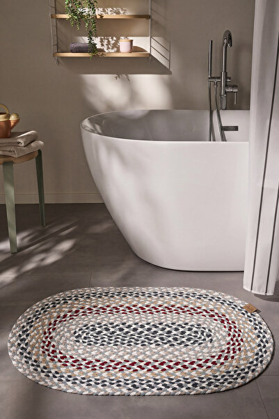 Cool Halı Glenn Oval Banyo Paspası Bordo Renkli Çift Taraflı Dekoratif Makine...