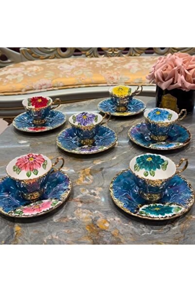 BY.RAYKA PORSELEN El Dekor Cicek Ruyasi Porcelain Hand-Painted 6-Piece Cup Set
