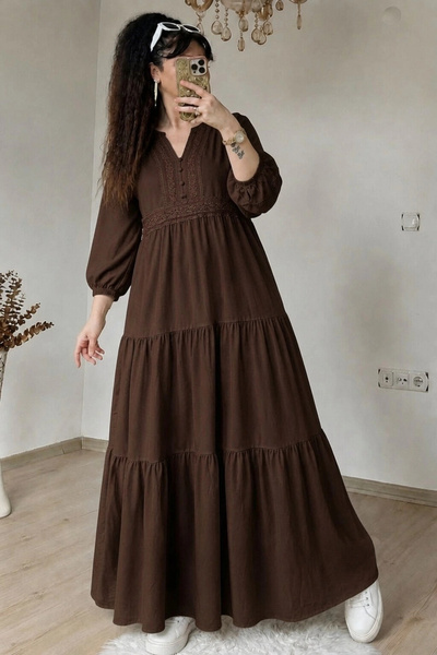 AZRA BUTİK Ruffled Skirt Lace Ribbon Detailed Dress Coffee