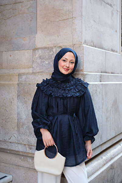 LOCCO Women's Collar Ruffle Detailed Waist Tie Tunic Navy Blue