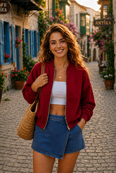 YAKAMEL Kadın Fermuarlı Oversize Bomber Basic Mevsimlik Günlük Ceket