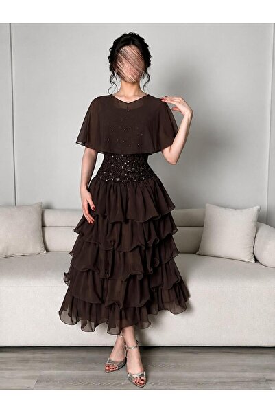 led style Women's Midi Layered Chiffon Embroidered Luxurious Dress