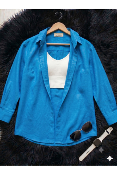 thefun fashion Kadın Oversize Kesim Dokuma Keten Uzun Kollu Saks Mavi Gömlek ...